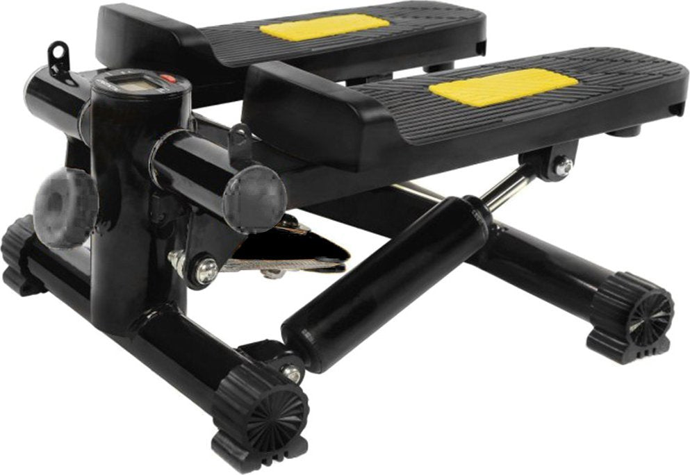 Stepper i sort metall med gule sklisikre pedaler, treningsstrikker og LCD-teller, sett skrått forfra.