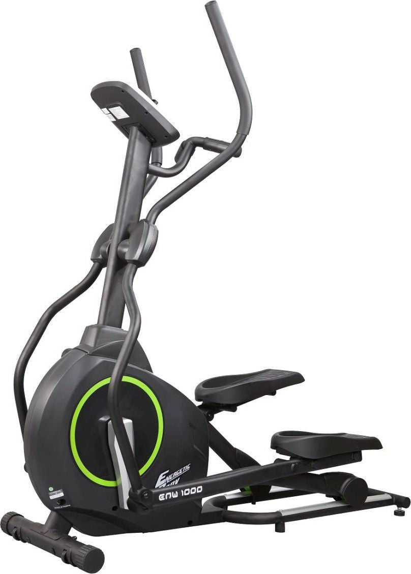 Orbitrek ellipsemaskin i sort med grønne detaljer, sett fra siden med store fotplater og skjerm på fronten.