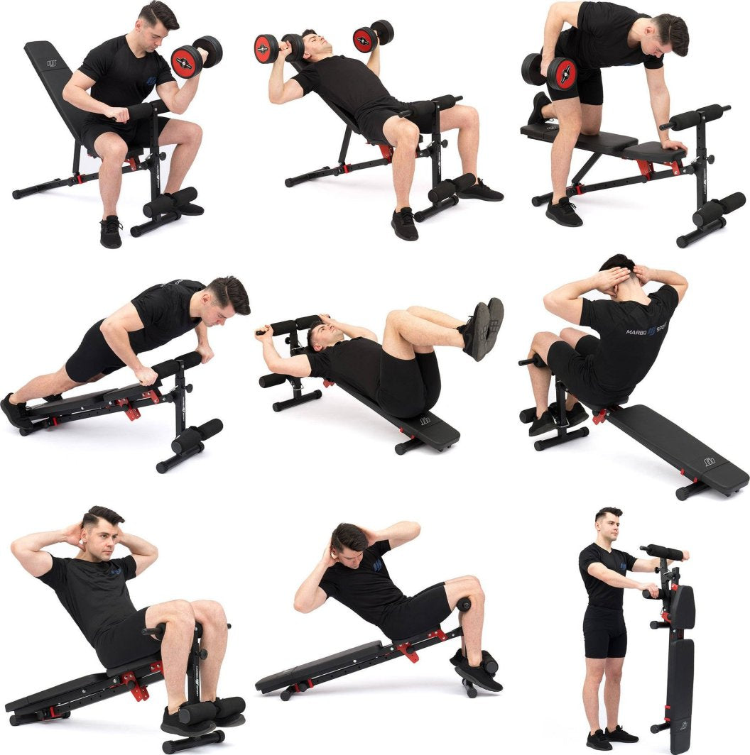 Multifunksjonell Treningsbenk i svart med røde detaljer, polstrede benstøtter og justerbar rygg, vist fra siden.