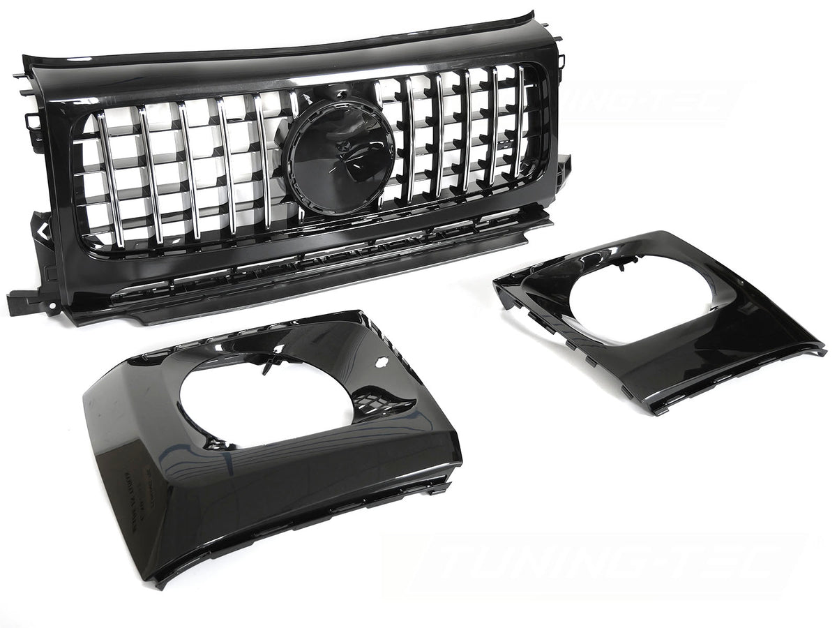 Grill GT Style til Mercedes G-Klasse W464 18-24 i blank sort/krom sett rett forfra på hvit bakgrunn.