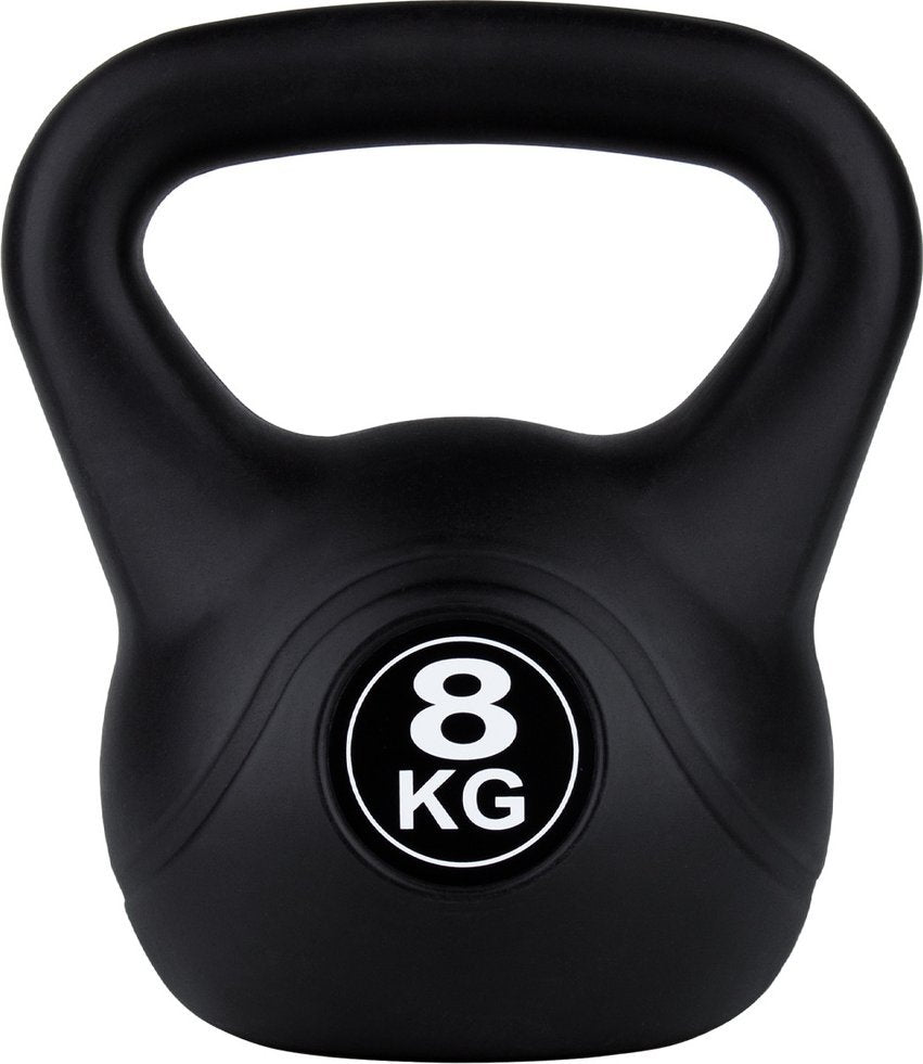 Kettlebell på 8 kg i sort med hvit vektmarkering, stor håndtakbue og rund base, avbildet rett forfra.