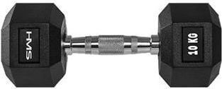 Dumbbells 10 kg med sekskantede svarte gummiender og riflet sølvgrep, vektangivelse synlig på enden.