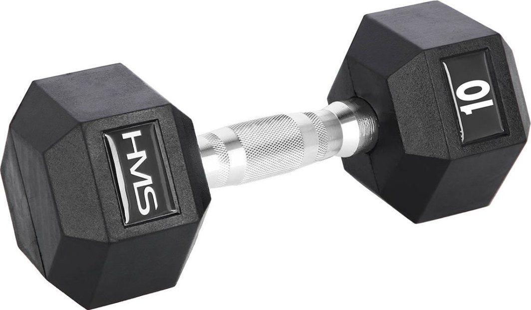 Manual med sekskantede, svarte gummiender og sølvfarget, riflet grep, 10 kg og logo synlig, sett fra skrå vinkel.