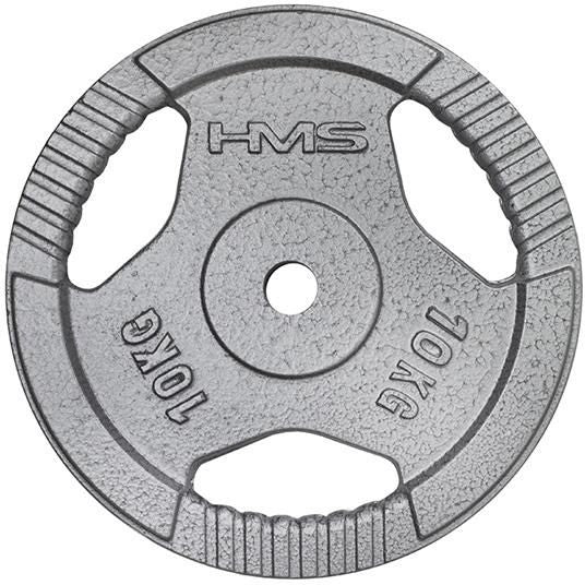 Vektskive i grått metall på 10 kg, tre håndtak med riller, gravert vekt og HMS-logo, sett ovenfra.