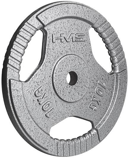 Vektplate i sølvfarget metall med tre store gripehull, riflete detaljer og tydelig logo samt 10kg-markering.