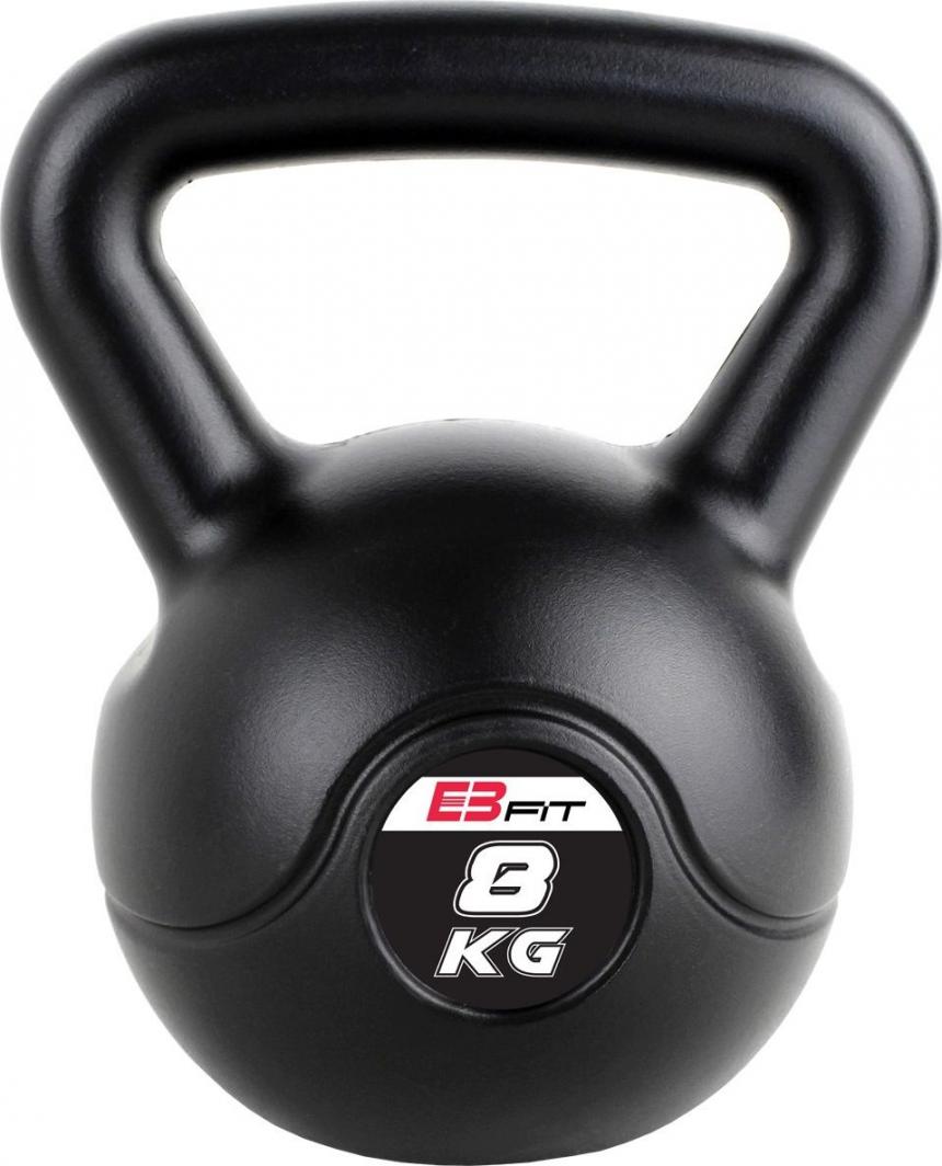 Kettlebell i sort plast med synlig håndtak og tydelig 8 kg-markering foran, sett rett forfra.