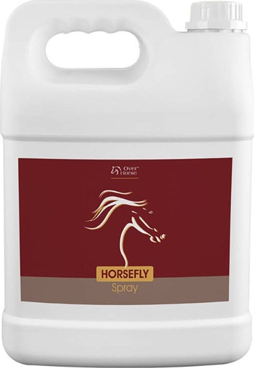 Fluespray Hest hvit 5L plastkanne med vinrød etikett, gult "Horsefly Spray" og hestehodeillustrasjon, sett forfra.
