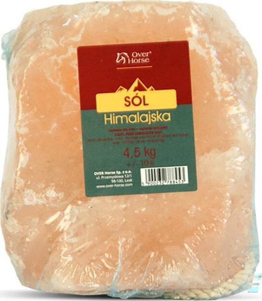 Saltstein av rosa Himalayasalt, 4,5 kg, innpakket i plast med synlig produktetikett og strekkode på forsiden.
