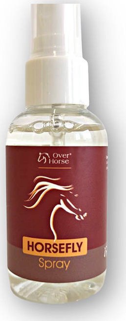 Fluespray Hest, gjennomsiktig flaske med hvit spraytopp og brun etikett med gul tekst og tegnet hest.