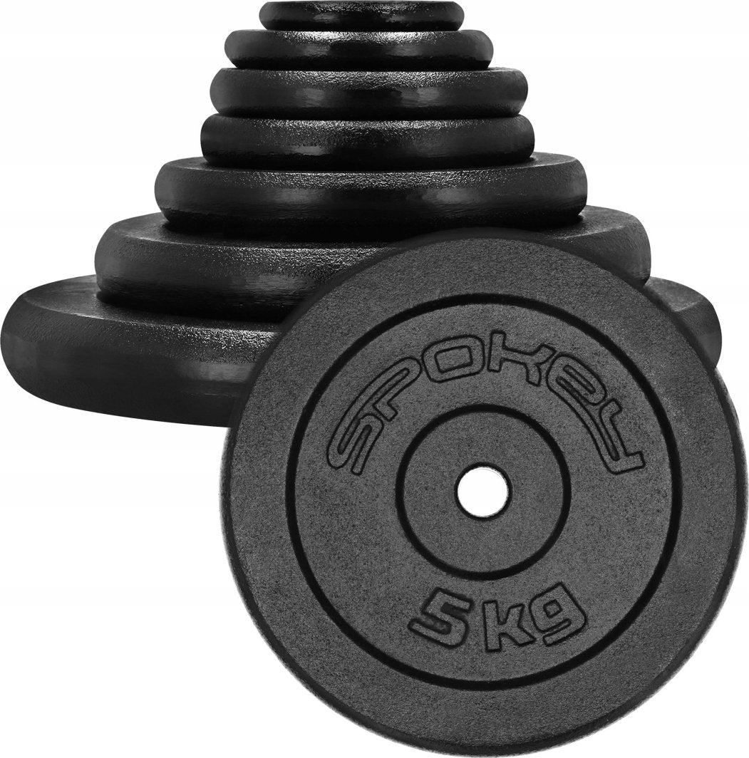 Vektplate 5 kg i grått støpejern med 28 mm hull, rund form og tydelig vektmerking på overflaten.