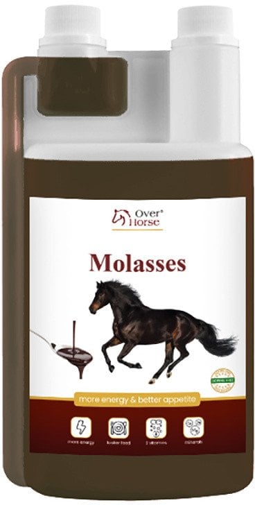 Melasse Hest flytende tilskudd i brun og hvit flaske med to helletuter og etikett med galopperende hest.