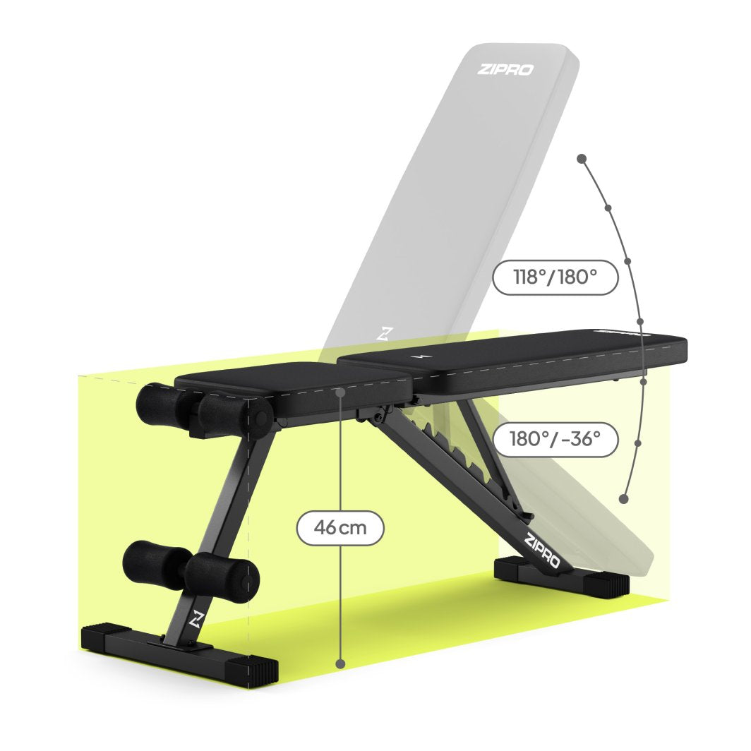 Treningsbenk i sort med polstret sete og rygg, viser høyde 46 cm og flere justerbare vinkler fra siden.