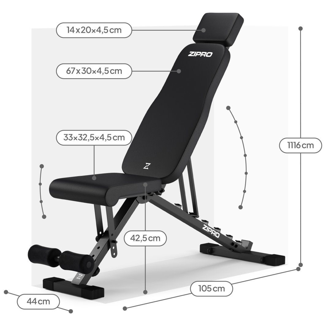 Justerbar Treningsbenk i svart polstring, vist fra siden, med mål for lengde, bredde og høyde markert.