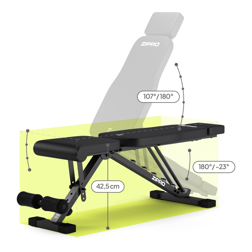 Treningsbenk i svart metall med polstring, sett fra siden, viser mål, vinkler og justering av rygg og sete.