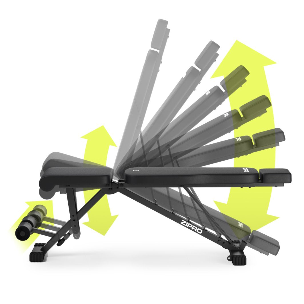 Justerbar Treningsbenk i sort sett fra siden, med flere ryggposisjoner, gule piler og polstrede benholdere.