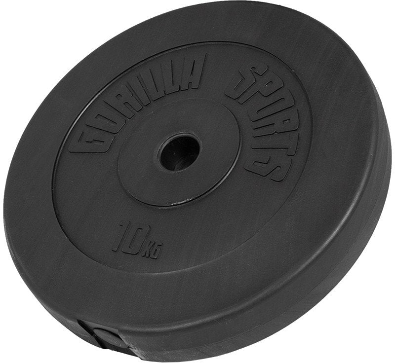 Vektskive 10 kg i sort vinyl med 30 mm hull, liggende flatt på hvit bakgrunn, Gorilla Sports-logo synlig.