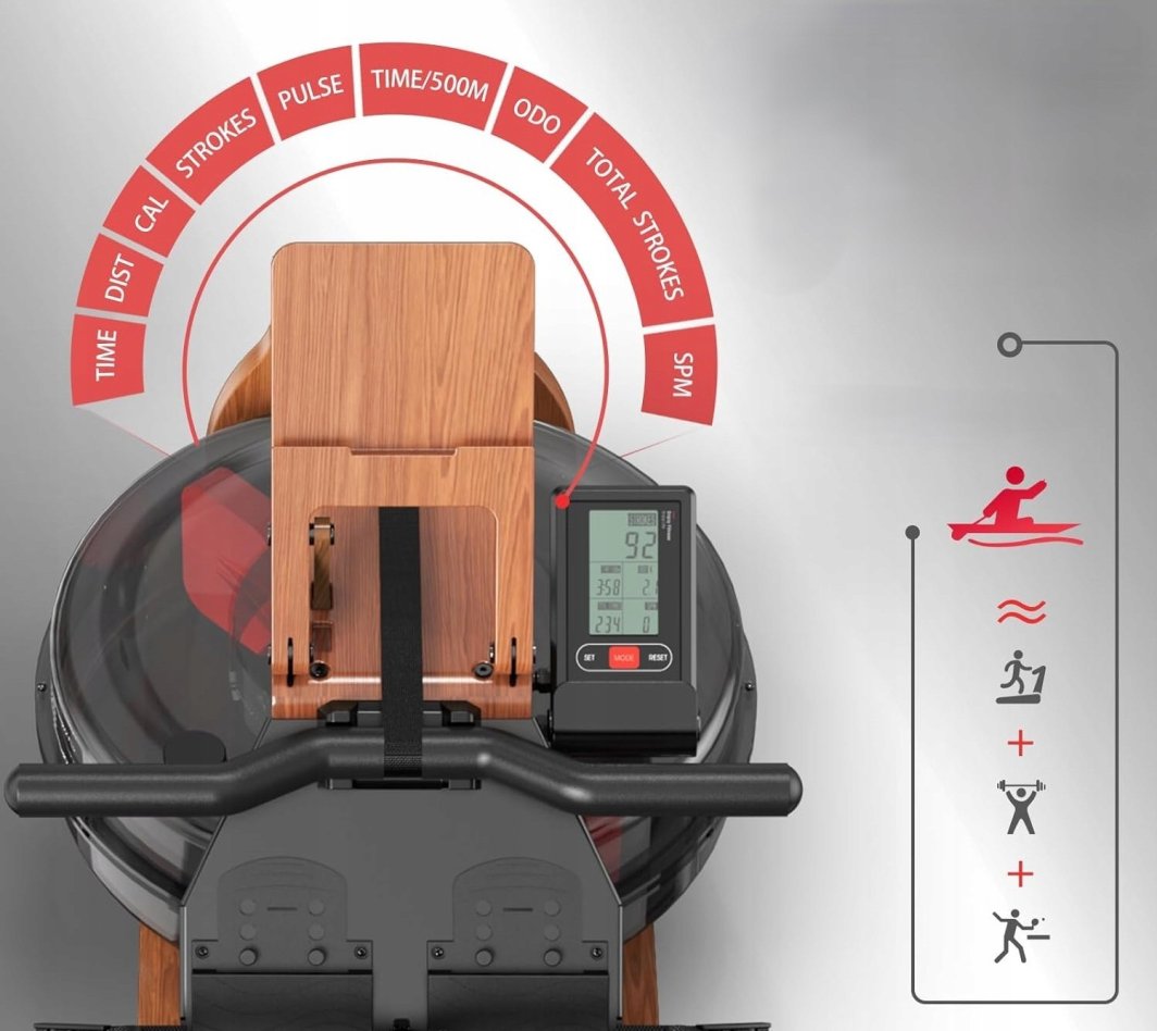 Romaskin sett ovenfra med trepanel, vanntank og digital skjerm, grafikk viser treningsformer og målinger.