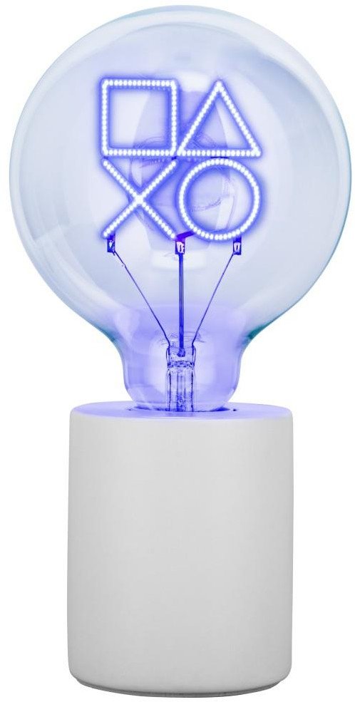 Tredemølle hjemme PlayStation LED-neon lampe med blå symboler på hvit sokkel, sett forfra.