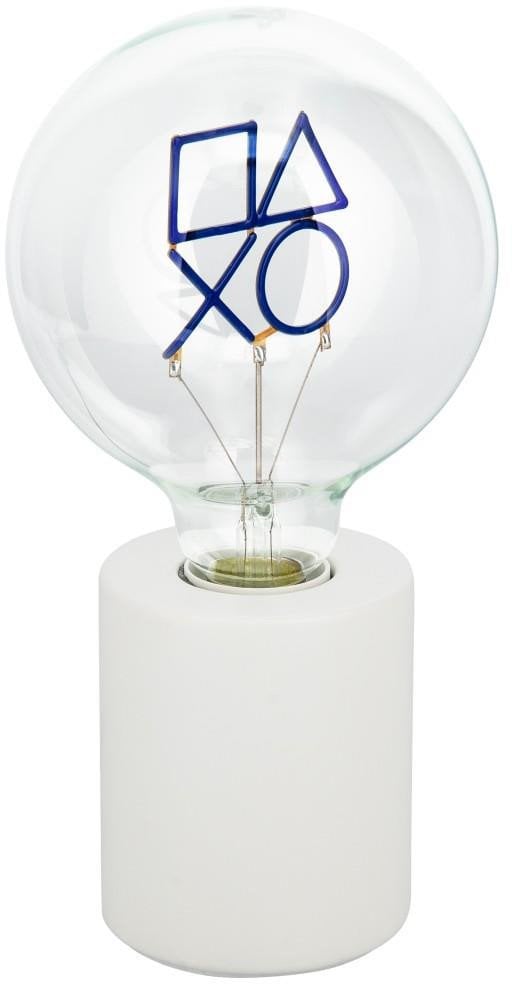 Løpebånd lampe PlayStation LED-neon med blå lysformer på hvit sokkel, sett forfra.