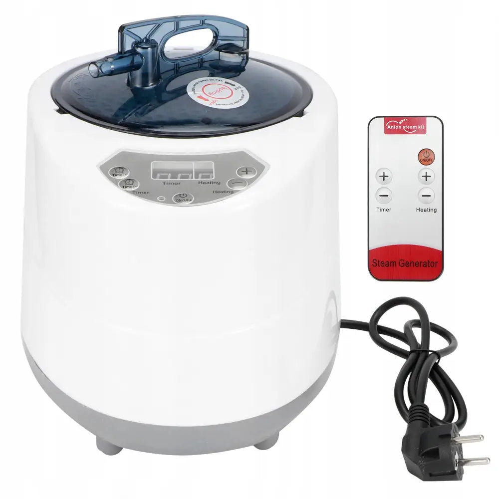 Dampbadstu steamgenerator 1500W, hvit og grå med digitalt panel, mørkt lokk og fjernkontroll ved siden av.