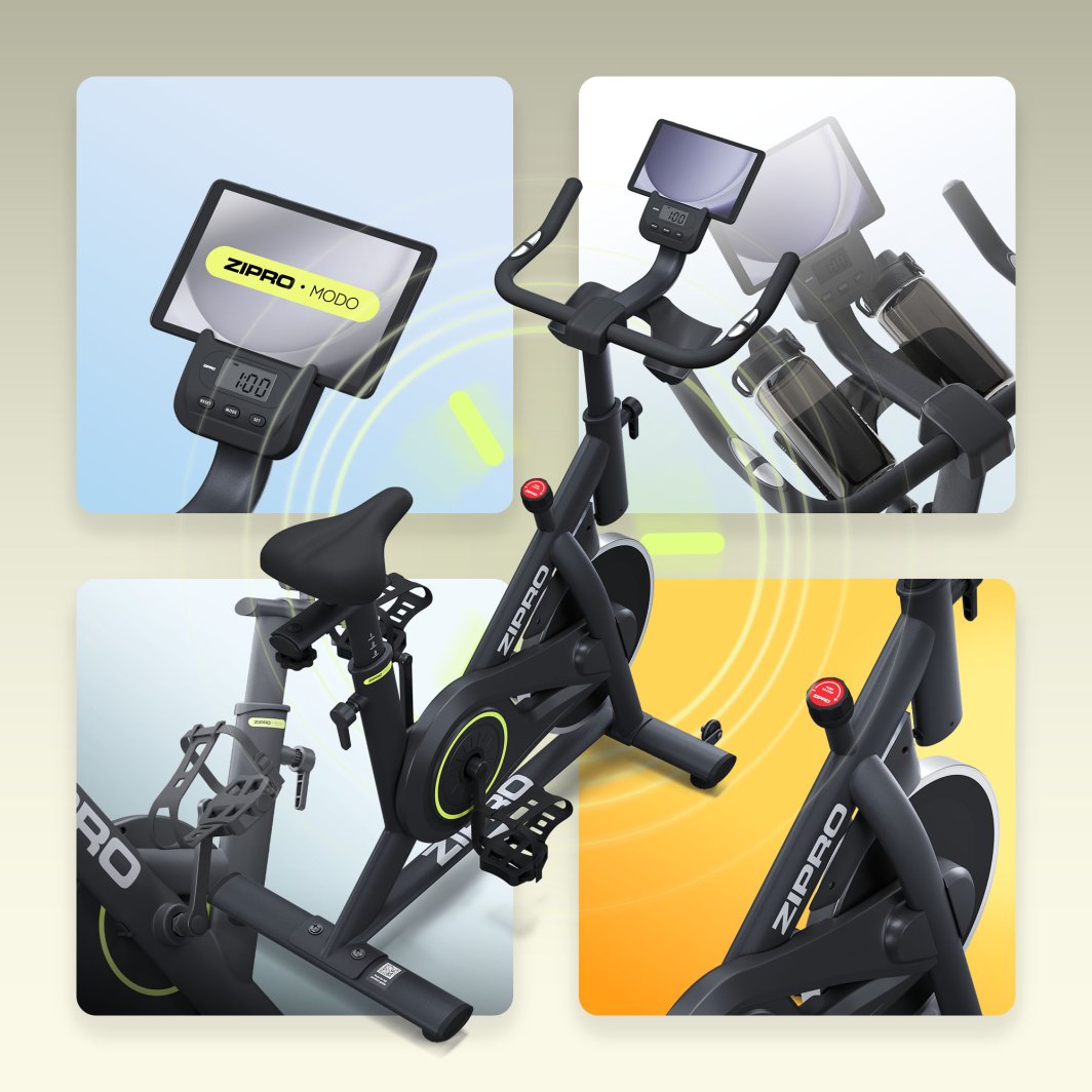 Trimsykkel med sort ramme, justerbart sete, pedaler med reimer, flaskeholder og digitalt display vises fra siden.