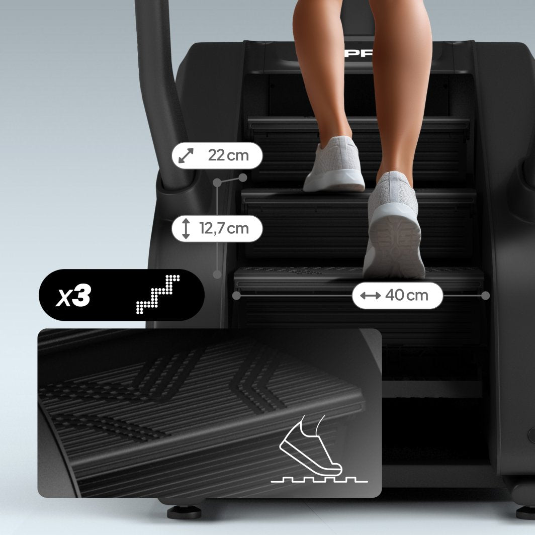Stepper for trappeklatring i sort, sett bakfra med person i bruk. Viser mål og struktur på trinnene.