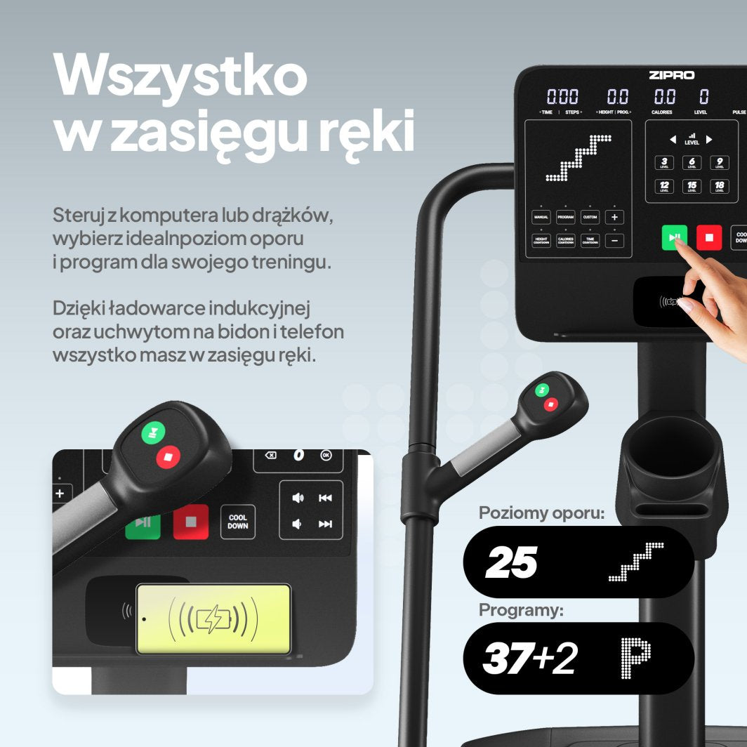 Stepper med konsollpanel, display, knapper, håndtak, mobilholder, flaskeholder og induktiv lader i svart plast og met...