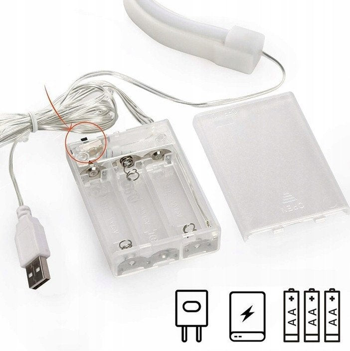 Sammenleggbar tredemølle gjennomsiktig batteriboks for Sky vegglampe med USB-kabel og bryter, sett ovenfra.