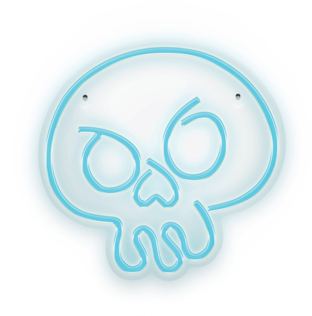 Walking Pad neonskilt Graffiti Hodeskalle turkis med blå omriss, sett forfra med opphengshull.