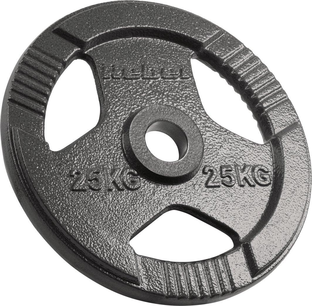 Vektplate i sort støpejern med tre gripehull, grov tekstur og tydelig 25 kg-markering, sett fra siden.