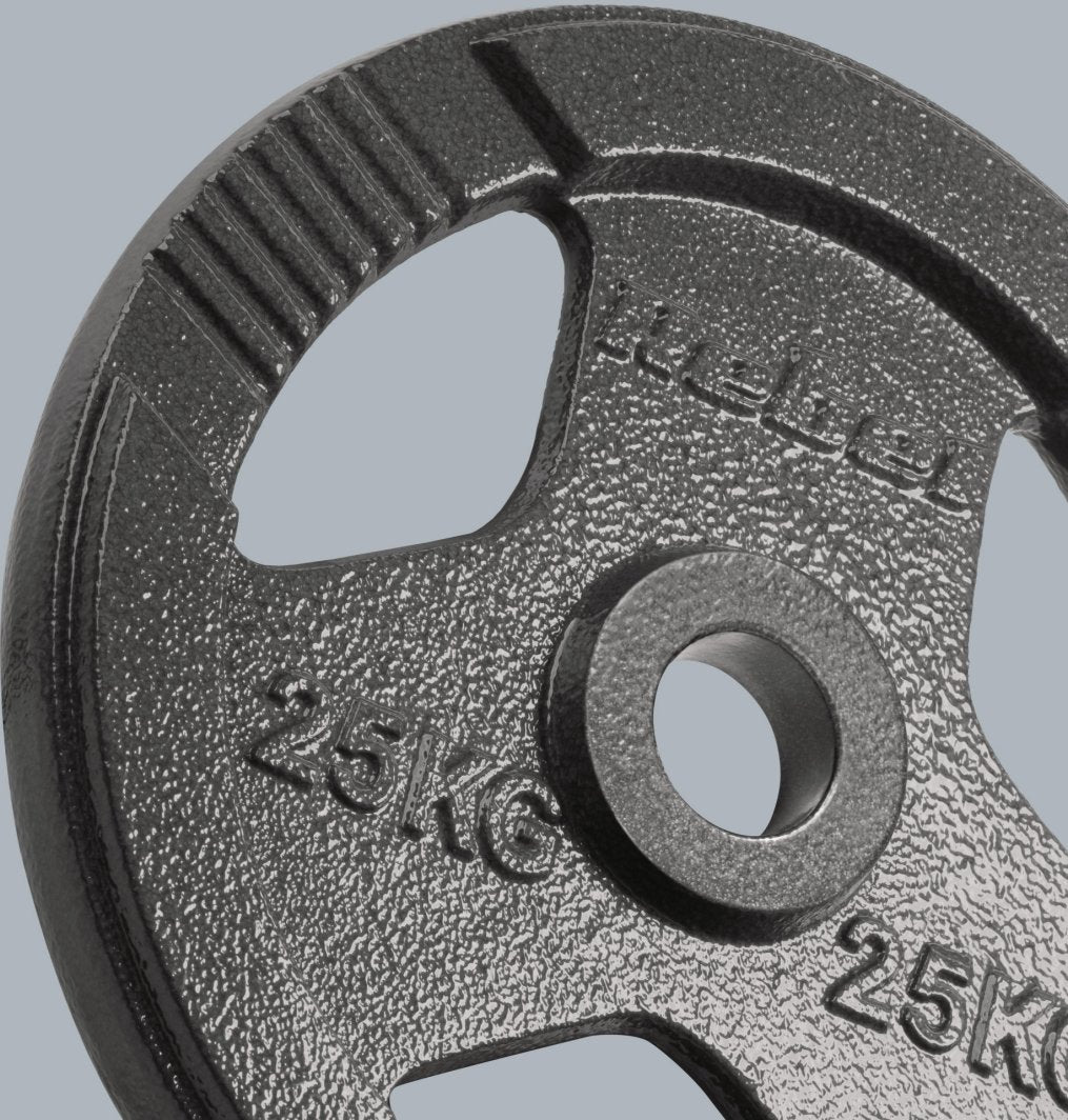 Vektplate på 25 kg i støpejern med håndtak og 51 mm hull, plassert mot hvit bakgrunn.