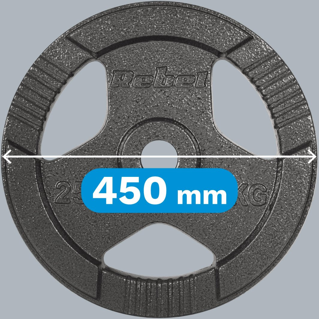 Vektskive i sort støpejern med tre håndtak, sett forfra, viser diameter på 450 mm med pil og tekst.