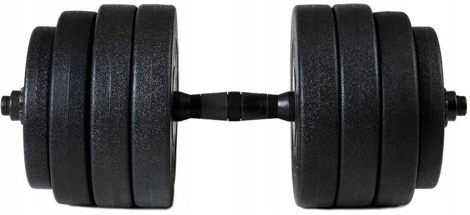 Manualer Sett med svarte runde vektskiver og rutemønstret grep, fotografert fra siden på hvit bakgrunn.