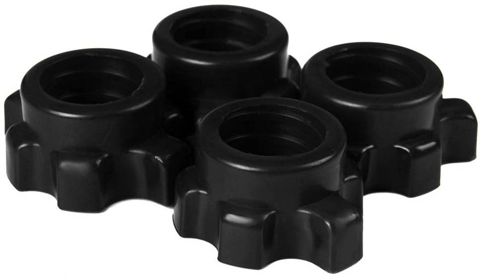 Justerbar Manual 40 kg, fire svarte plastmuttere med gripekanter og riflet mønster, sett skrått ovenfra.