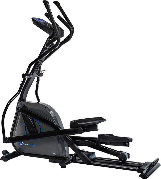 Ellipsemaskin i sort og grått med store fotplater, bevegelige håndtak og digitalt display, sett fra siden.