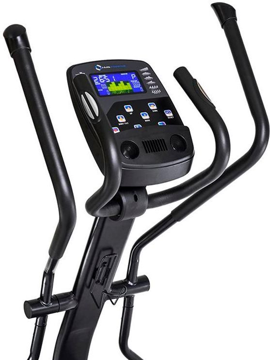 Cross Trainer med display, pulshåndtak og solide håndtak, sett skrått forfra i sort farge. Tydelige knapper.