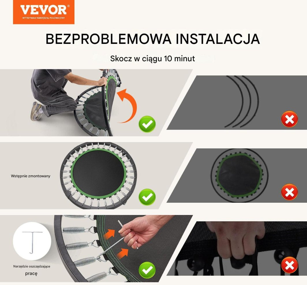 Mini Trampoline monteres med svart og grønn ramme, nærbilder av fjærer, verktøy og illustrasjoner for montering.