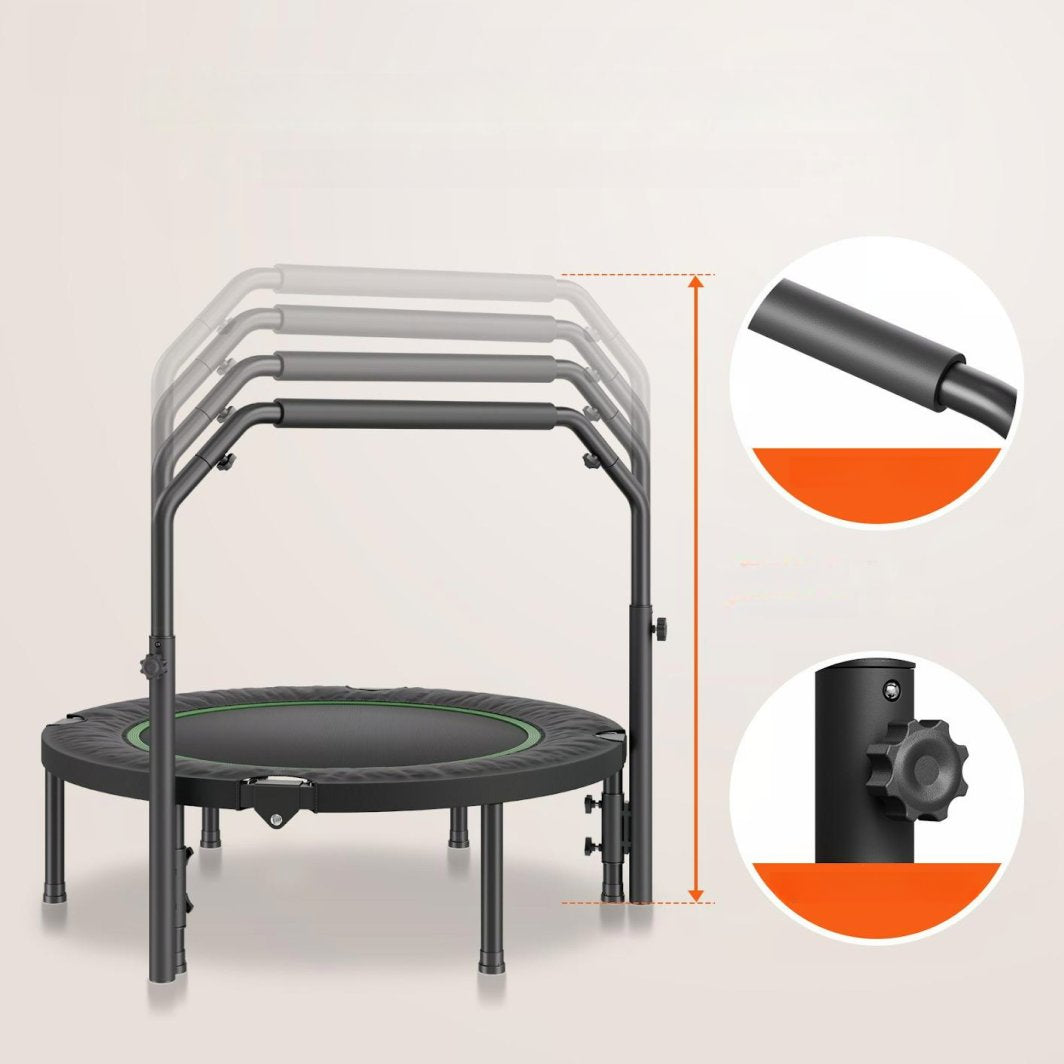 Mini Trampoline med grønn kant, justerbart metallhåndtak og tydelige detaljer av høyderegulering sett forfra.