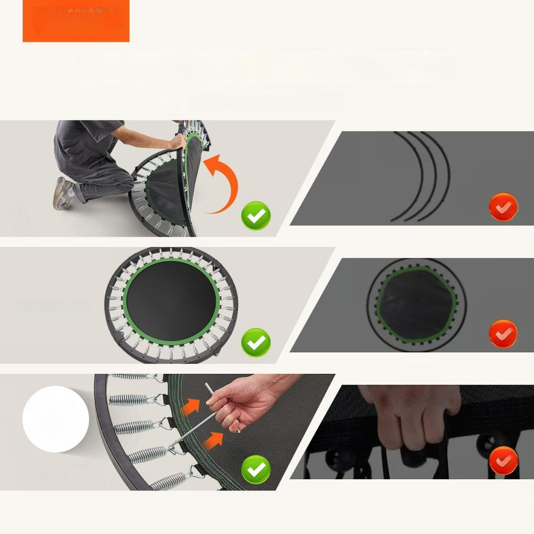 Mini Trampoline i sort og grønt, nærbilder av hånd, fjærer og illustrasjoner av riktig og gal montering.