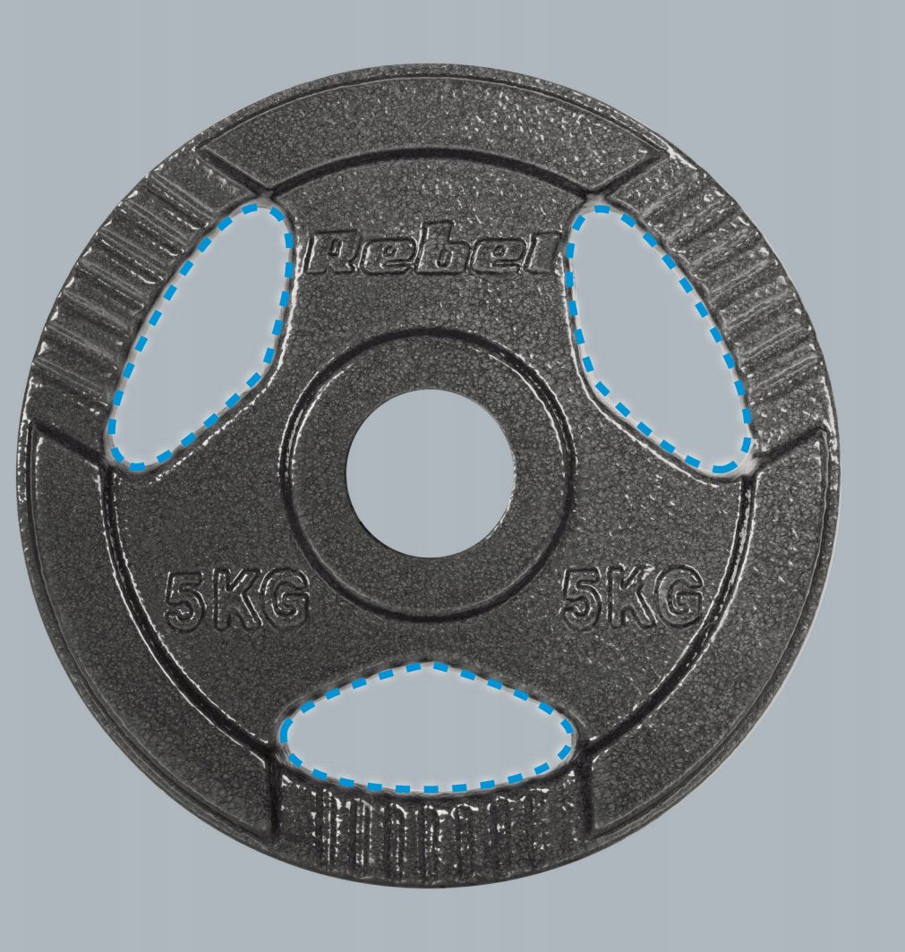 Vektskiver 50mm sort rund vektskive i støpejern med tre gripehull, påskriften "Rebel" og "5KG" vises tydelig.