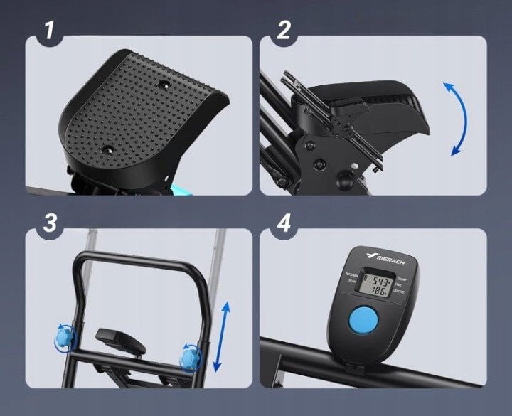 Trappemaskin med gummipedal, justeringsmekanisme, metallramme med blå håndtak og LCD-display fra ulike vinkler.