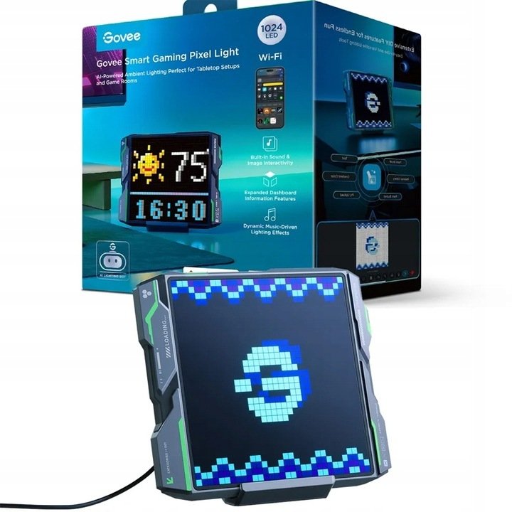 Tredemølle LED panel Gaming Pixel Light fra Govee, firkantet skjerm med pikselgrafikk, forpakning bak.