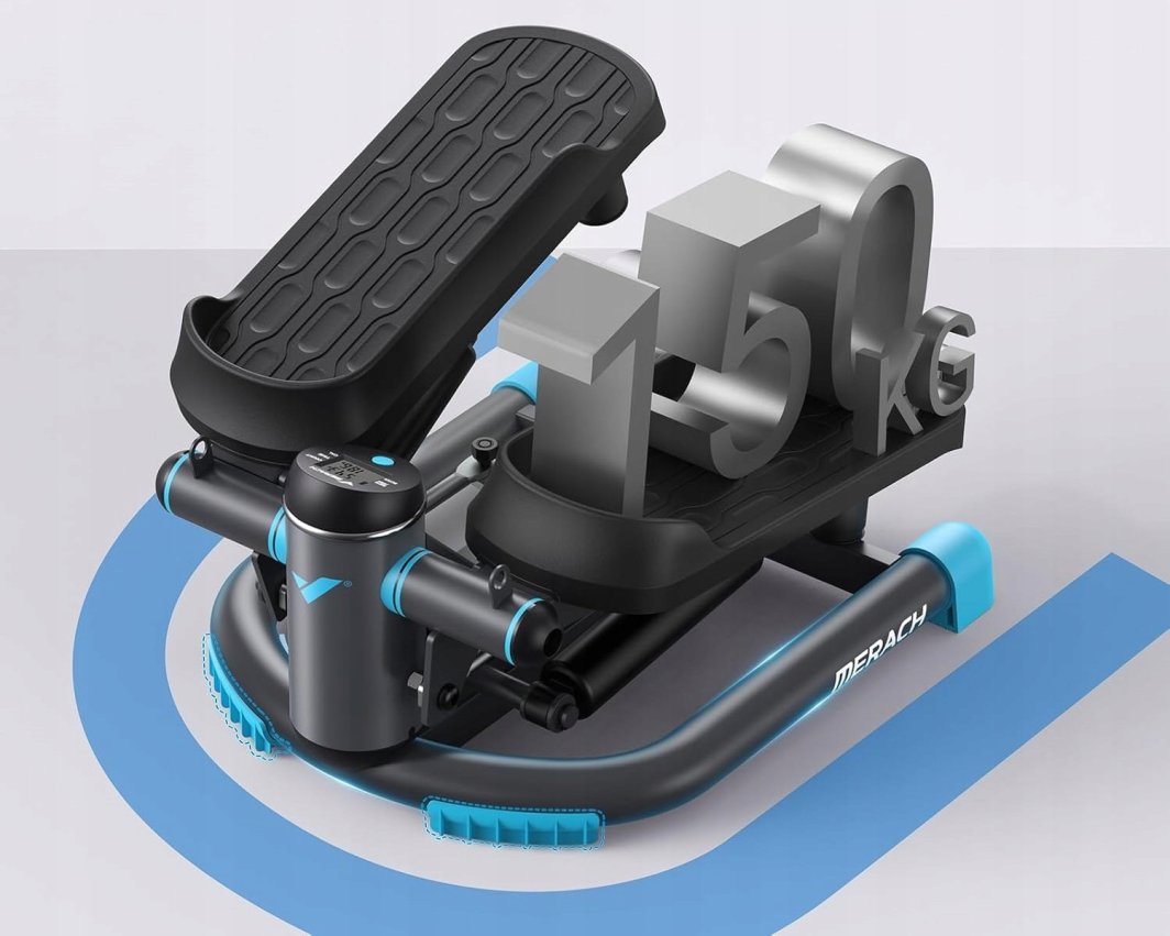 Mini Stepper i sort og blått med antiskli-pedaler, LCD-display og "15 kg" markert på høyre pedal.