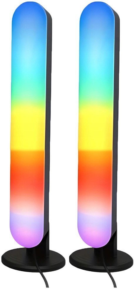 Tredemølle hjemme skrivebordslampe RGB LED sett med to lamper i sort plast, lyser i blått og lilla.