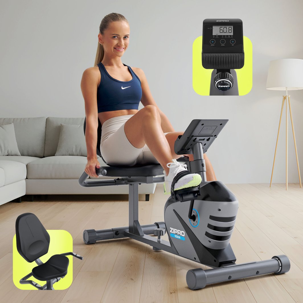 Trimsykkel i sort og grått med digitalt display, kvinne sitter på sykkelen. Nærbilde av sete og kontrollpanel.