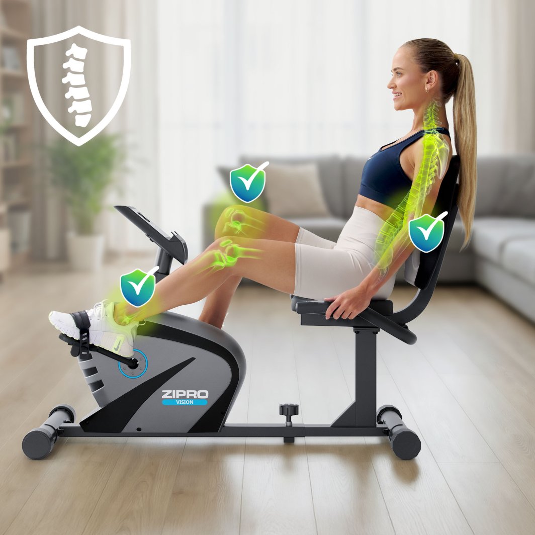 Sittesykkel i sort og grått, brukt av kvinne med sportsutstyr, fokus på ledd og rygg med grafiske ikoner.