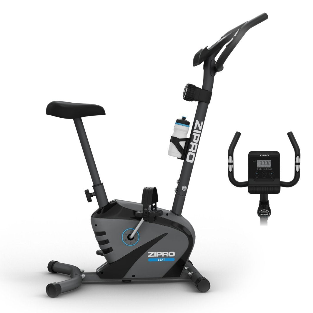 Trimsykkel i sort og grå med blå detaljer, justerbart sete, vannflaskeholder og digital skjerm vises fra siden.