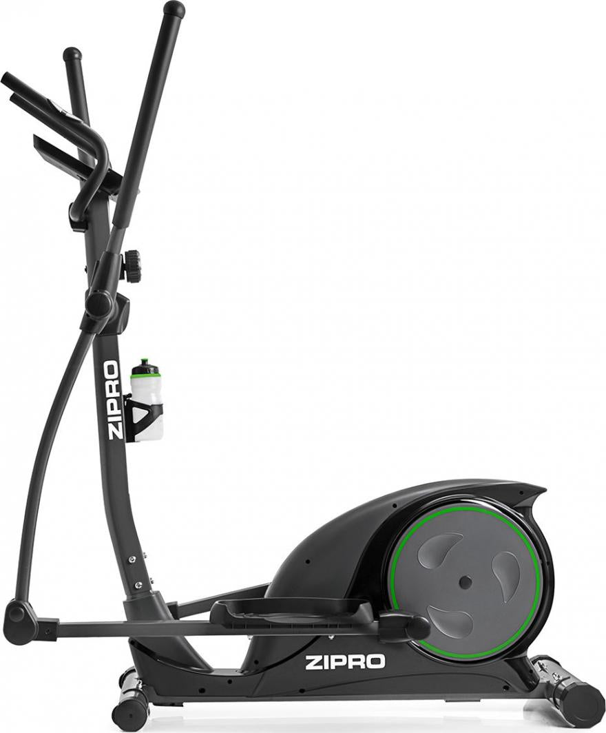 Orbitrek i sort med grå og grønne detaljer, sett fra siden, med vannflaskeholder og tydelige håndtak og pedaler.