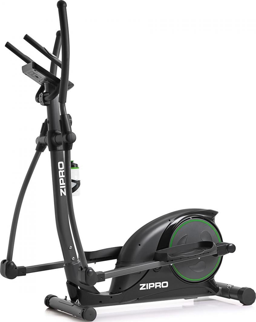 Crosstrainer i sort med grønne detaljer, sett fra siden, viser pedaler, håndtak og vannflaskeholder tydelig.