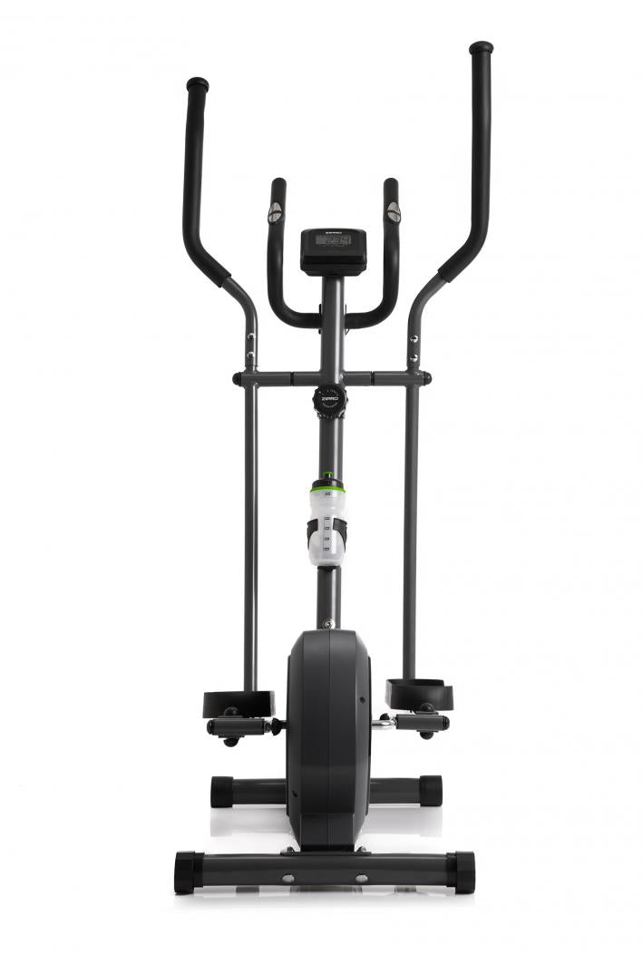 Orbitrek med svart og grå ramme, store håndtak, display og vannflaskeholder, sett rett forfra.